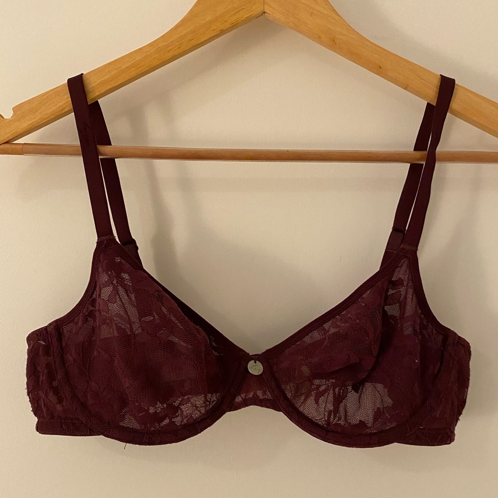 DKNY slightly sheer burgundy underwire bra